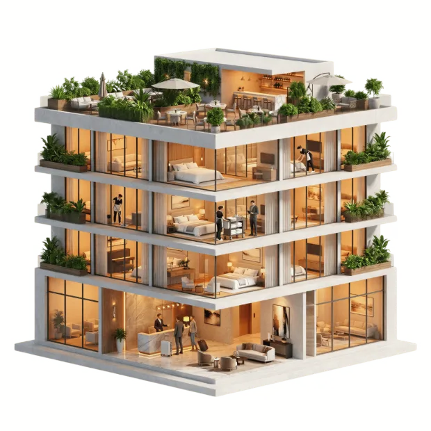 Edificio hotelero — isométrico